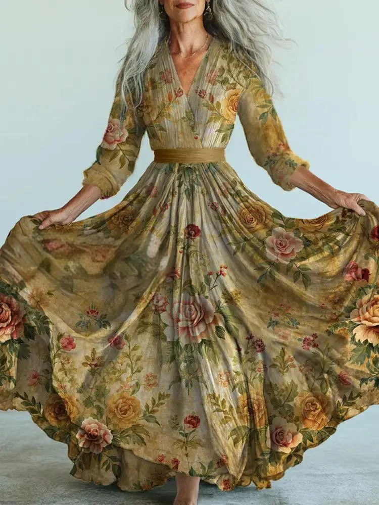 Retro Boho Floral Art Printed Vintage V-Neck Long Sleeves Midi Dress