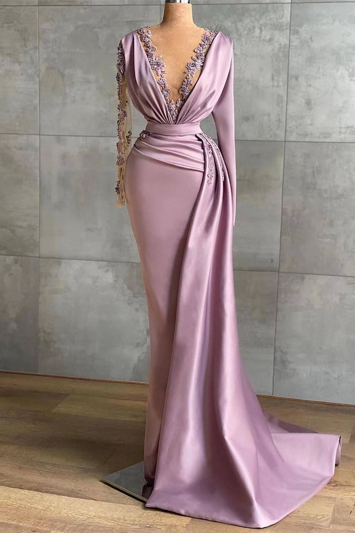 Long Sleeves Lavender V Neck Ruffles Prom Dress Applique Mermaid ED0127