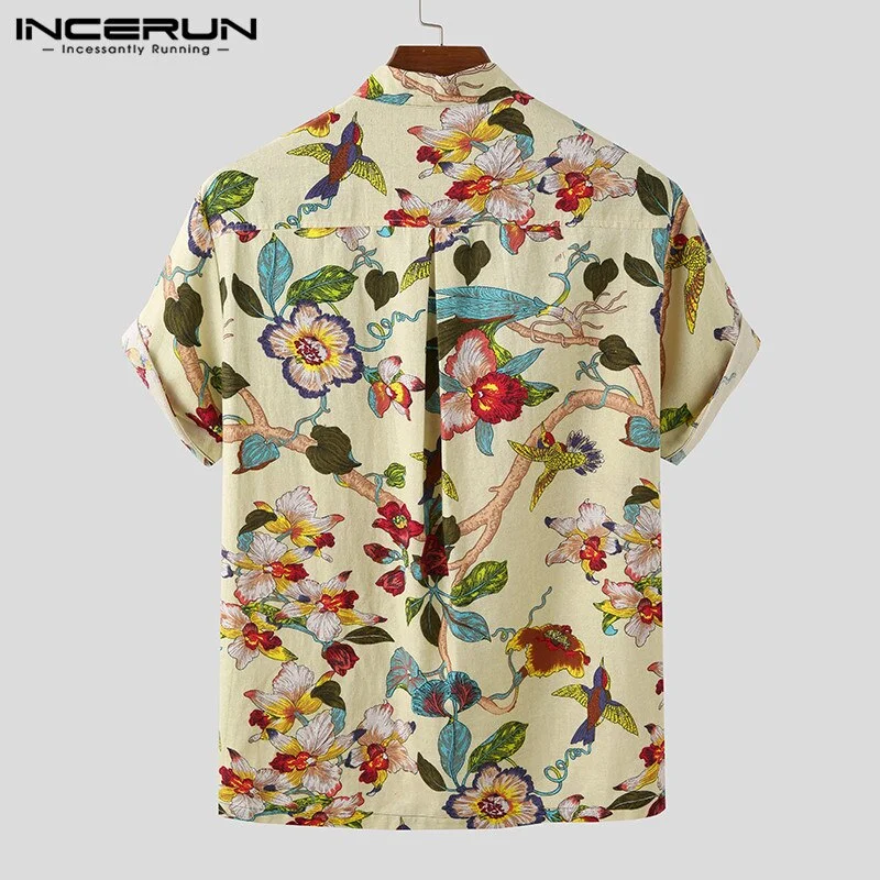 INCERUN Men Printed Shirt Cotton Streetwear Breathable Short Sleeve 2022 Stand Collar Hawaiian Shirts Casual Camisas Plus Size