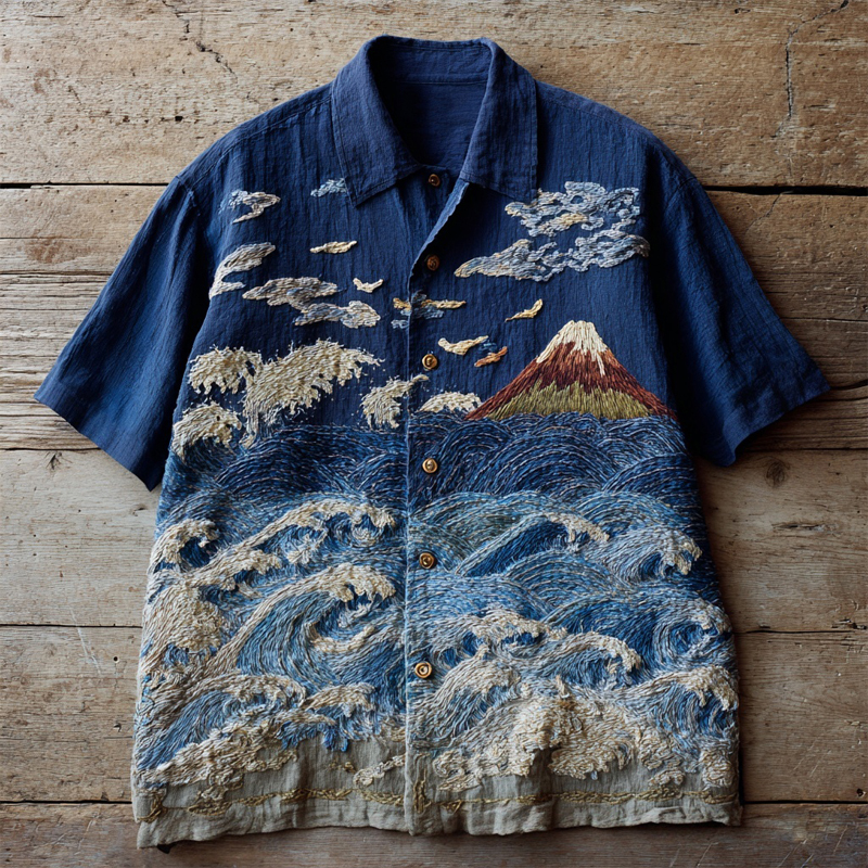 Japanese Waves & Mount Fuji Embroidered Linen Shirt  artssus