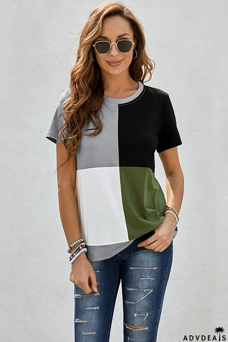 Women's Casual Army Green Colorblock Short Sleeve T-shirt with Slits