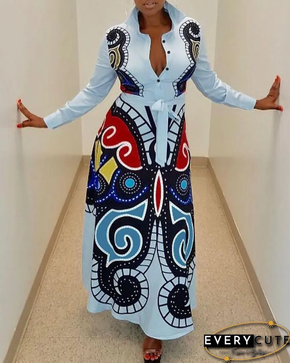 Abstract Print Long Sleeve Shirt Dress P10023