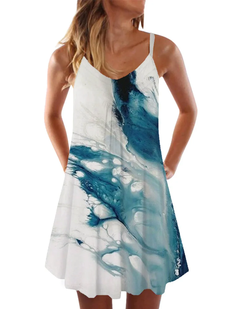 Creative Rendering Blue And White Ink Print Sleeveless Camisole Dress