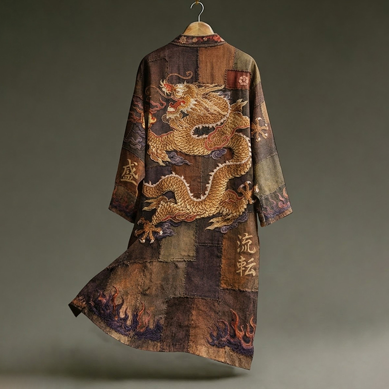 Men's Vintage Japanese Dragon Art Linen Blend Long Kimono  artssus