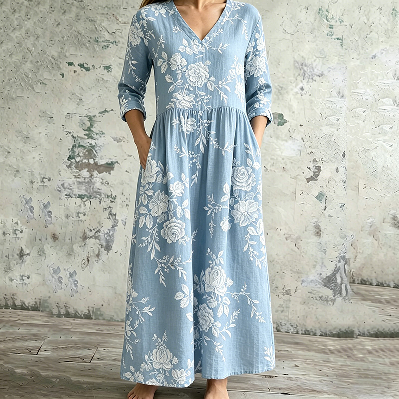 Comstylish Women's Vintage Floral Art Casual Linen Dress