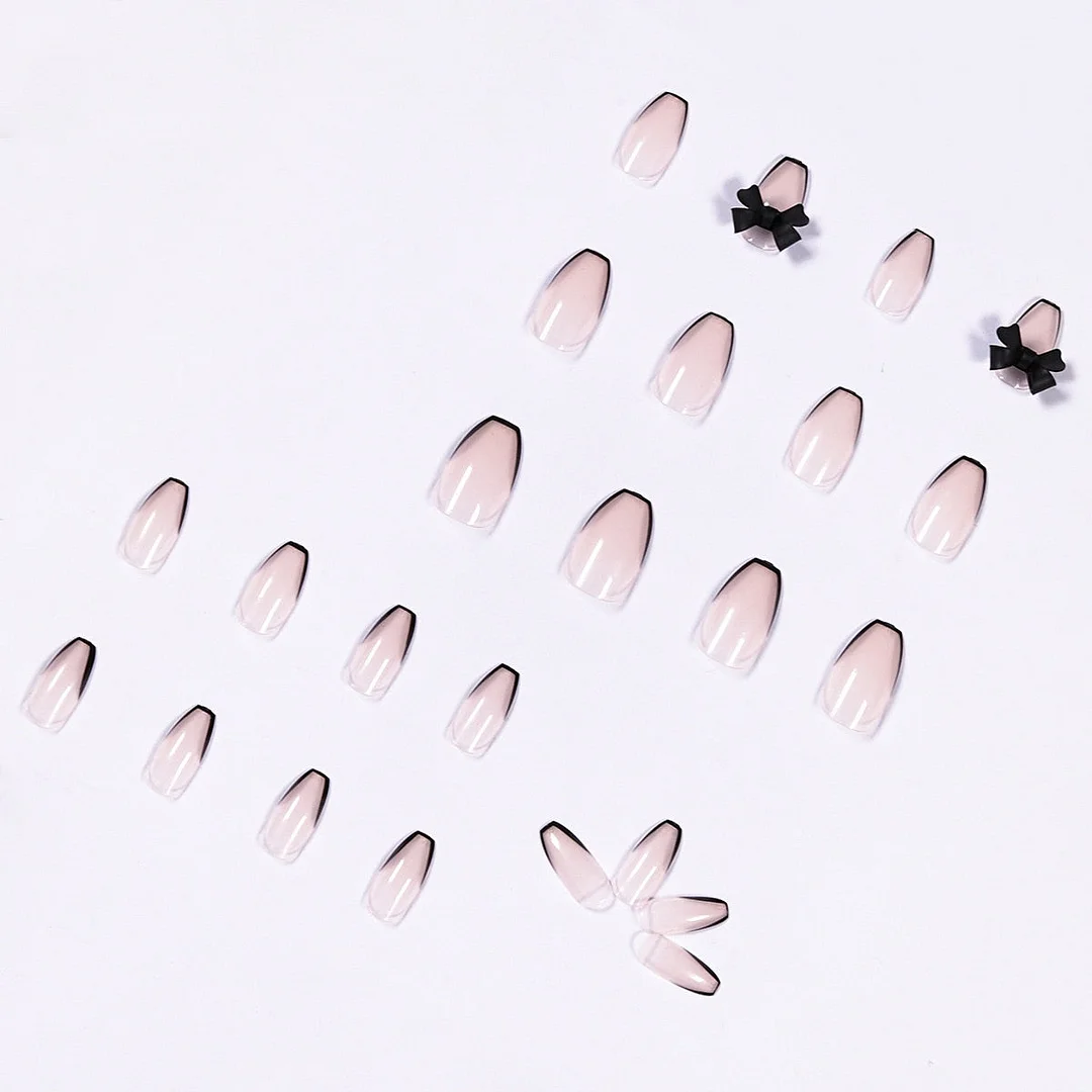 Fake Nails Simple ice-transparent sensitive black French bow Full Cover Fake Nails DIY Glue Press On Nails Nail Art Tools-Nail Inspo
