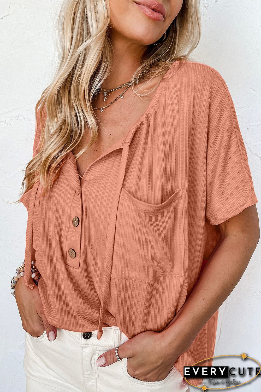 Orange Notched V Neck Buttoned Front Textured Loose Top
