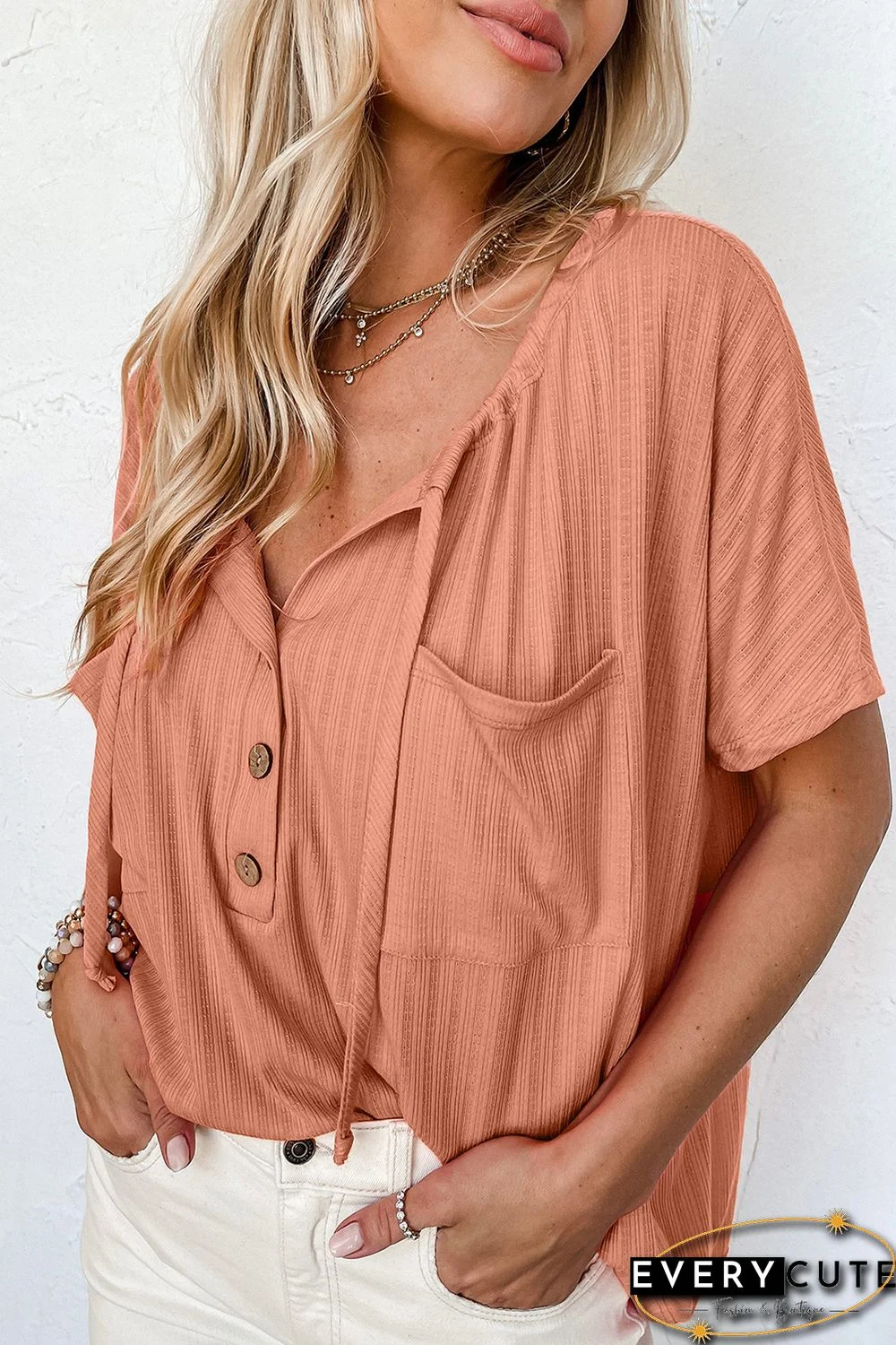 Orange Notched V Neck Buttoned Front Textured Loose Top