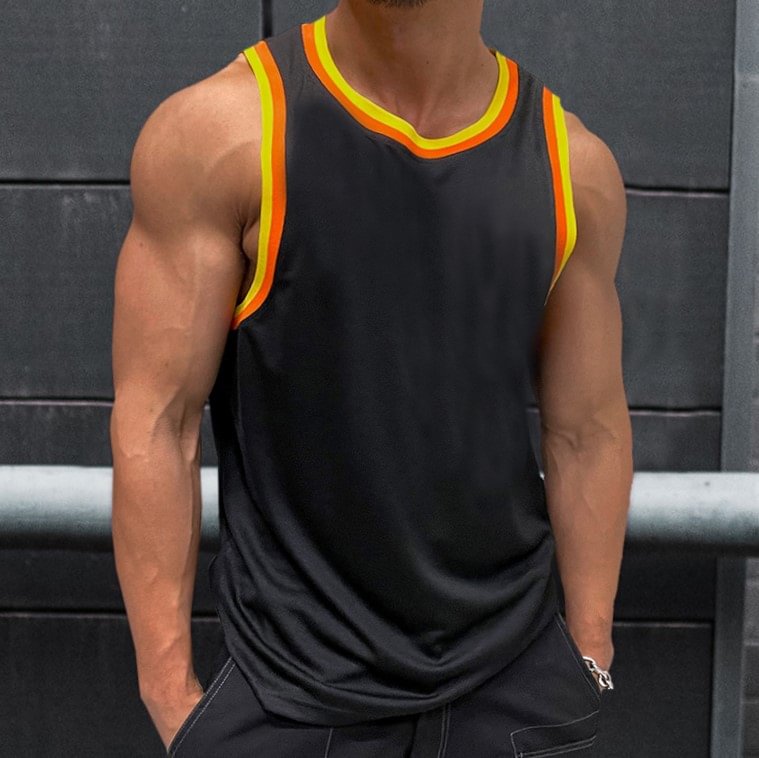 Men's Beach Solid Color Contrast Color Versatile Casual Tank Top、、URBENIE
