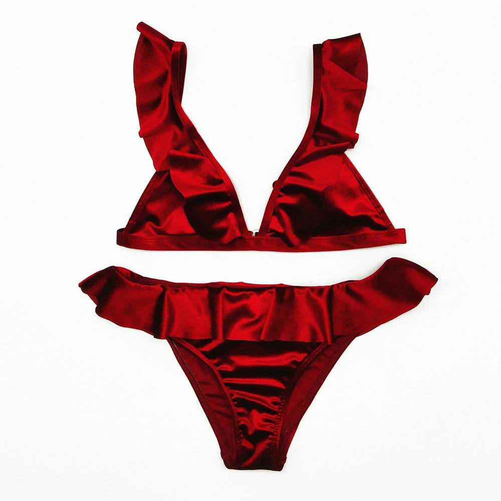 2019 Women Swimsuit Ruffled Bikini Set Glossy Ice Feeling Velvet Biquini Swim Low Waist Push Up Bathing Suit Thong Swimwear