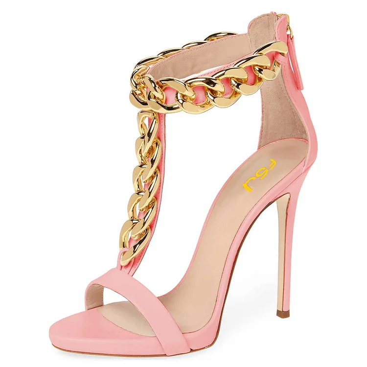 Pink T-Strap Heels Open Toe Stiletto Chain Decor Sandals for Women |FSJ Shoes