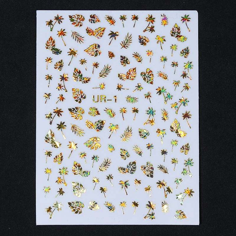 1 Sheet Flower Leaf Tree Green 3D Bronzing Nail Art Stickers Black White Sliders Summer DIY Decals for Nail Art Decoration