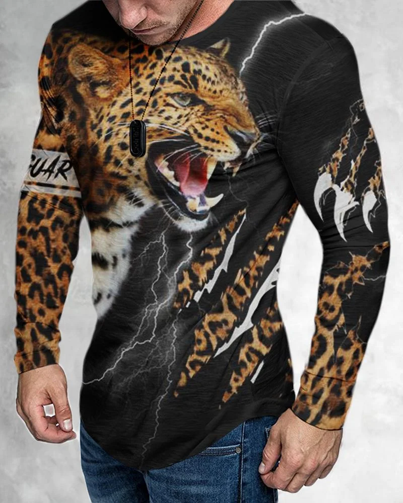 Men's Casual Long Sleeved Creative Leopard Stitching Pattern T-shirt