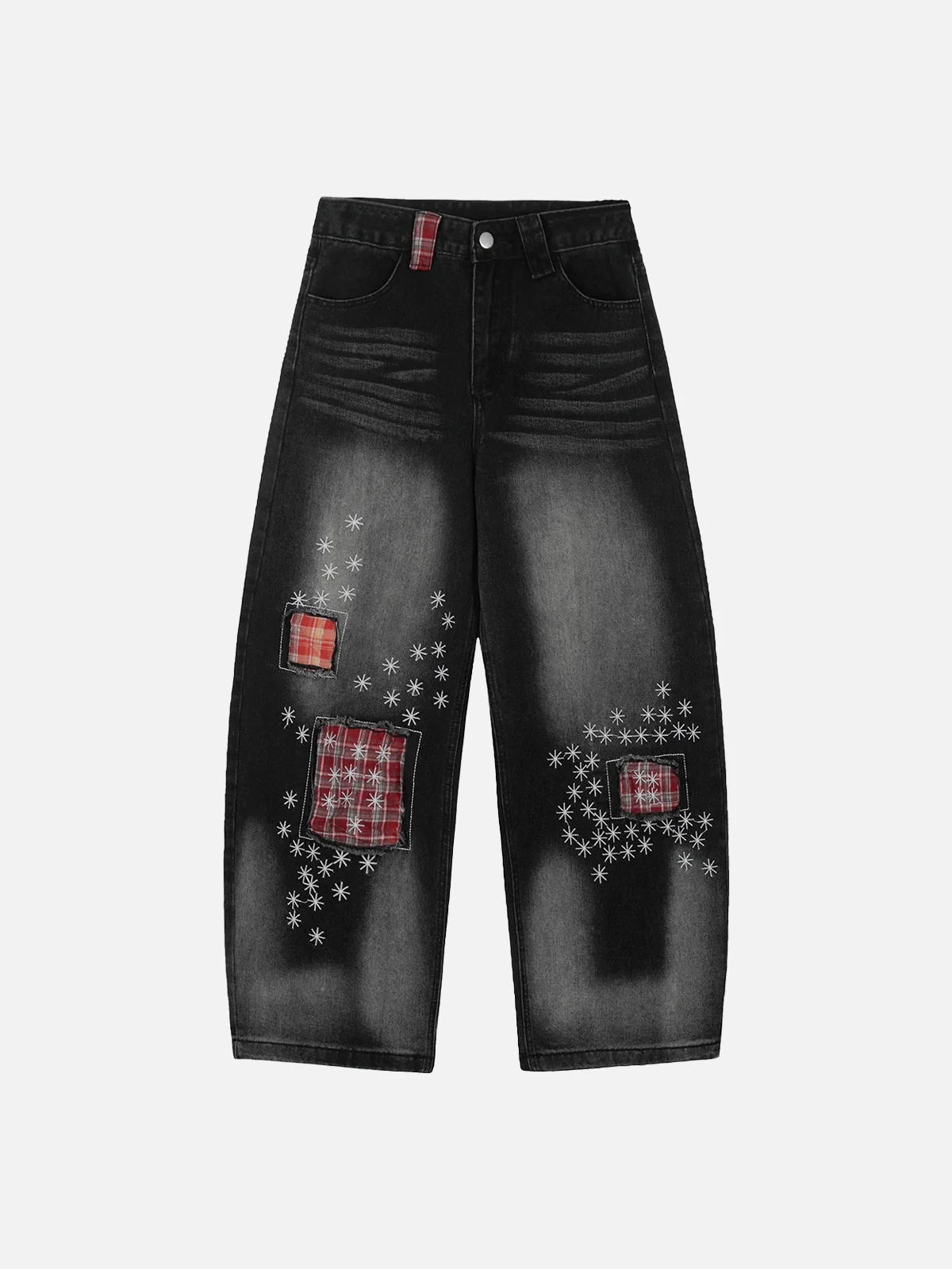 Black Act Chic Washed Plaid Patchwork Loose Jeans Front
