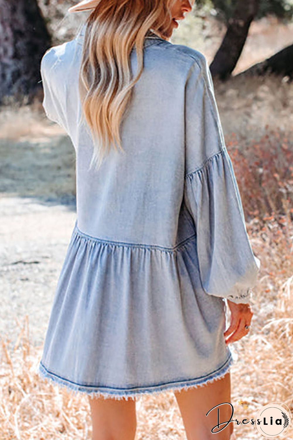 Frayed Hemline Button Long Sleeve Denim Dress