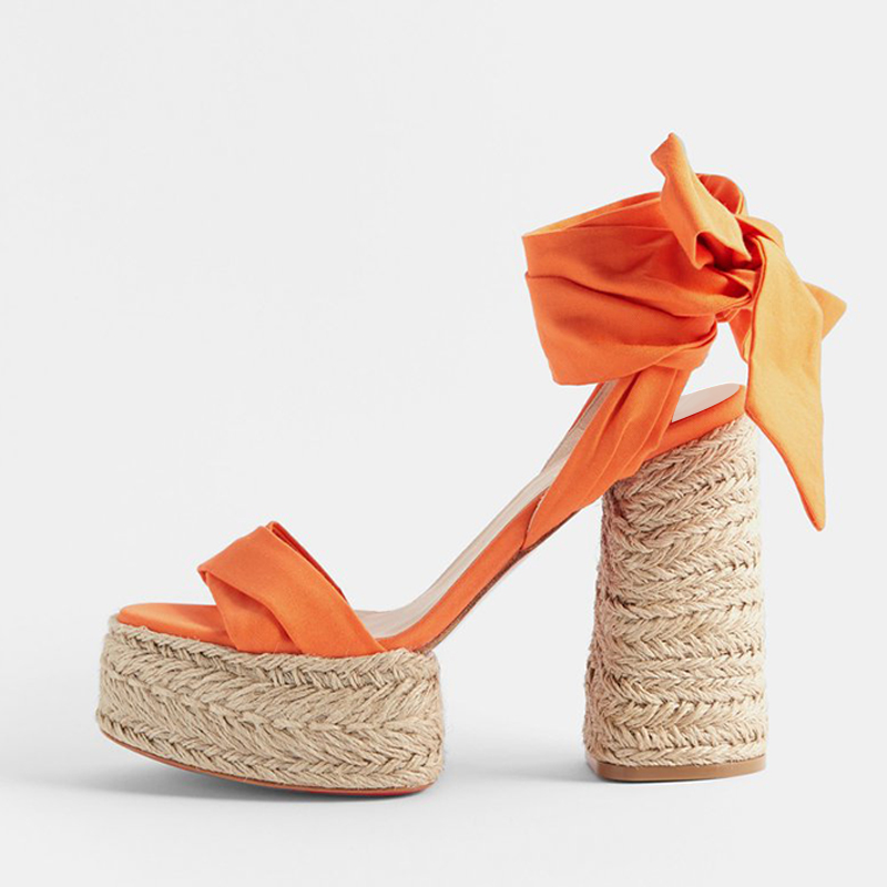 Orange Platform Espadrille Sandals Open Toe Lace Up Chunky Heels