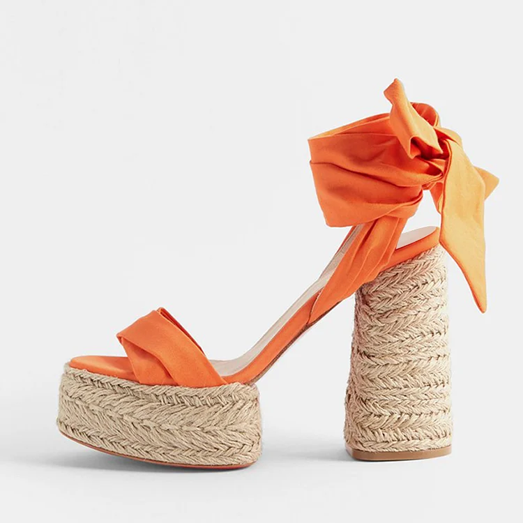 Orange Tie Up Sandals Women'S Braided Platform Shoes Open Toe Chunky Heels |FSJ Shoes