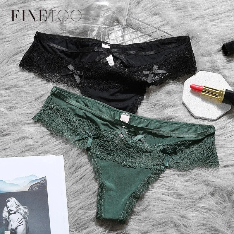 FINETOO Women Sexy Lace Lingerie Panties G String Low-waist Panties Embroidery Bow Thong Female Transparent Hollow out Underwear