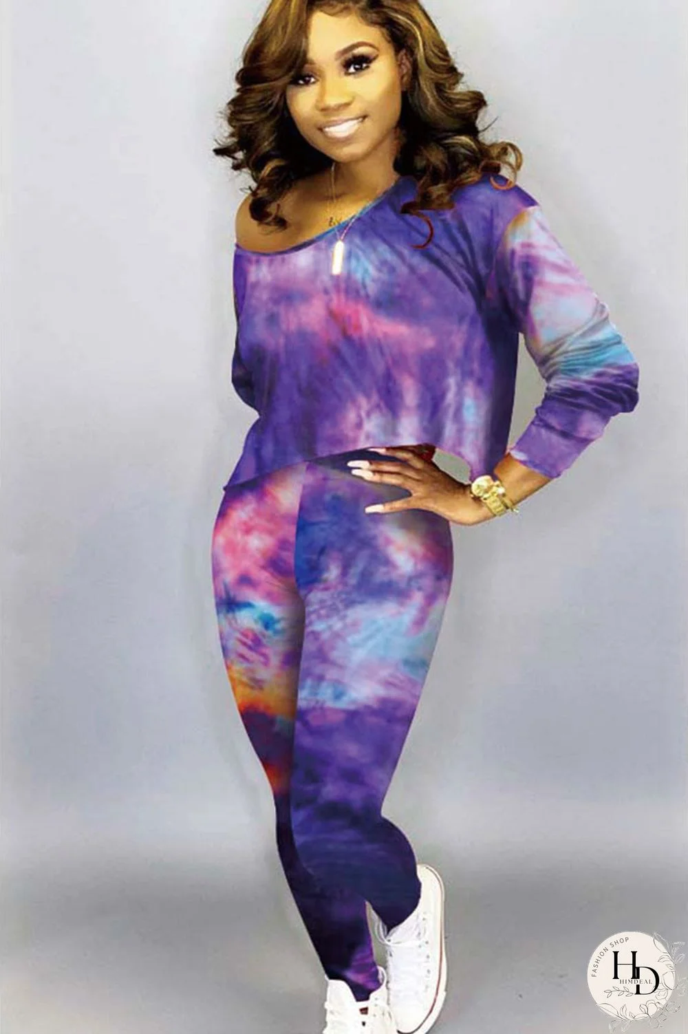 purple Cotton Sexy Two Piece Suits Print pencil Long Sleeve