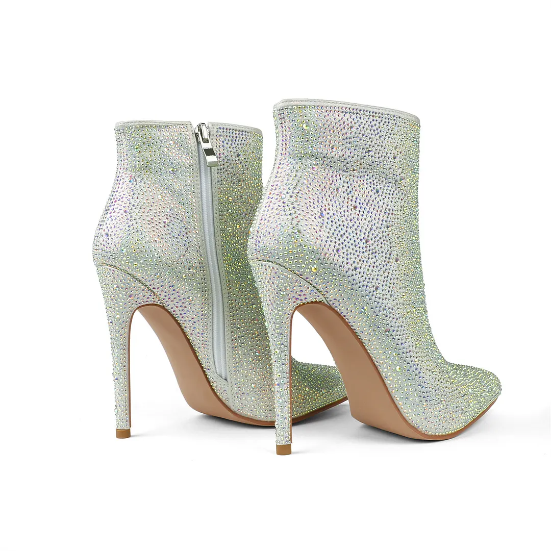 100mm/120mm Women's Rhinestone Ankle Boots with Closed Pointed Toe  Stilettos Autumn  Warm Dress Booties -vocosishoes