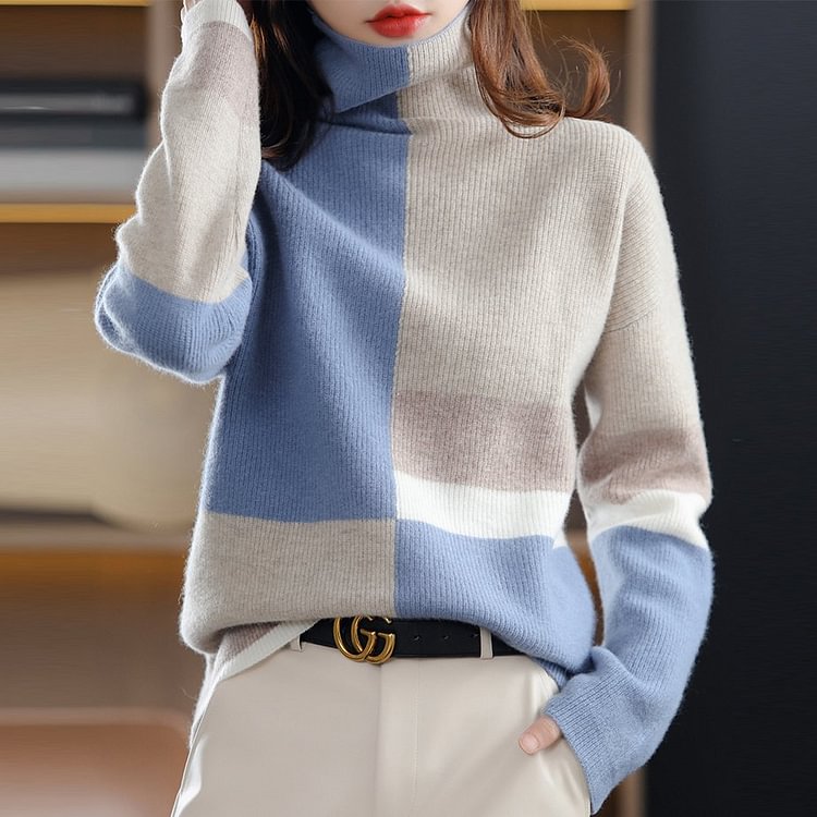 Casual Cotton-Blend Color-Block Long Sleeve Sweater QueenFunky