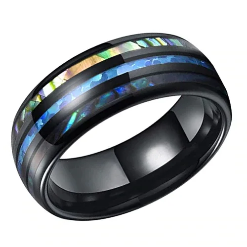 8MM Women's Or Men's Tungsten Carbide Wedding Matching Rings Black Tone Multi Color Inspired Blue Opal and Rainbow Abalone Shell Inlay Organic Colors