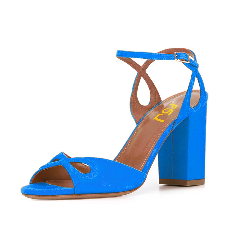 Women's Blue Ankle Strap Heels Prom Chunky Heels Sandals |FSJ Shoes