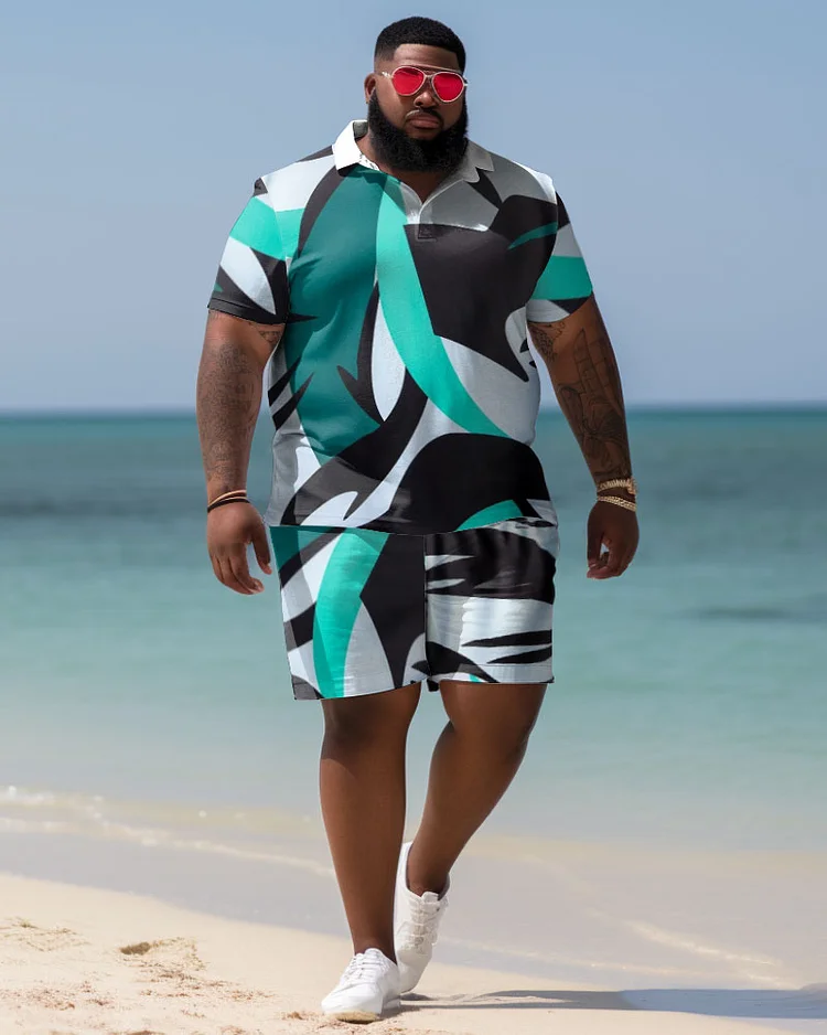Men's Large Size Hawaiian Color Blocked Shirt and Shorts Two Piece Set