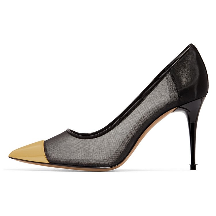 Gold Pointy Toe 4 inch Heels Black Mush Stiletto Heel Pumps |FSJ Shoes