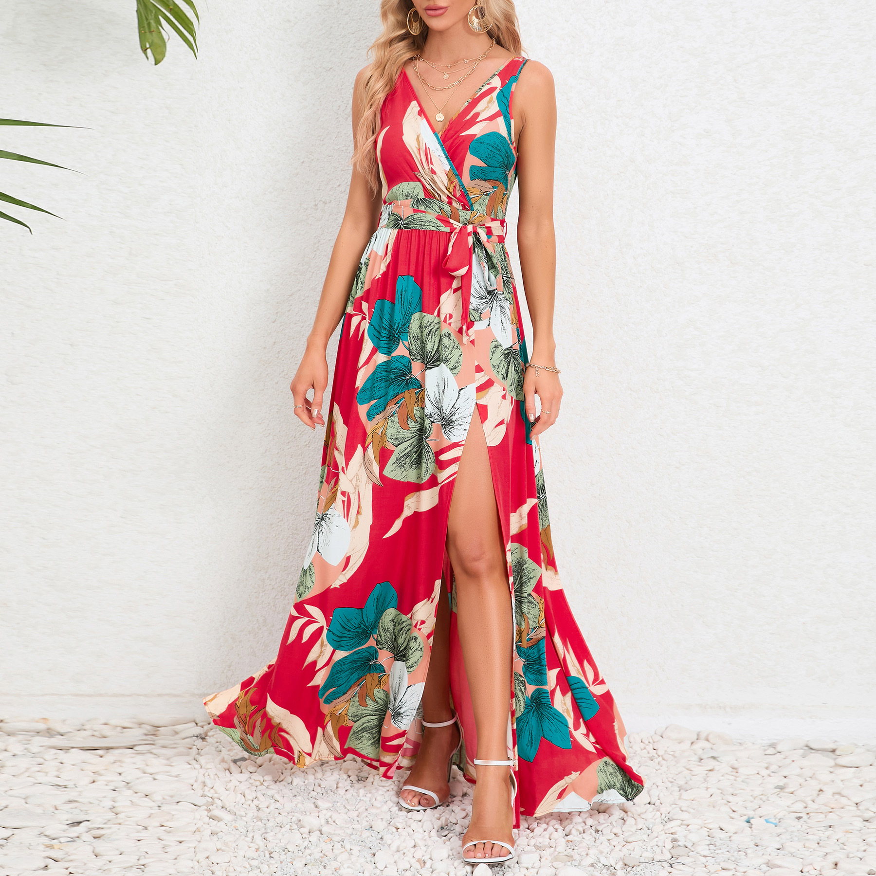 Summer Women's Tropical Print Waist Tie Split Maxi Dress | ARKGET
