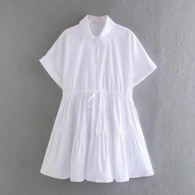 Spring Women Waist Drawstring White Shirtwaist Dress Female Short Sleeve Clothes Casual Lady Loose Vestido D7335