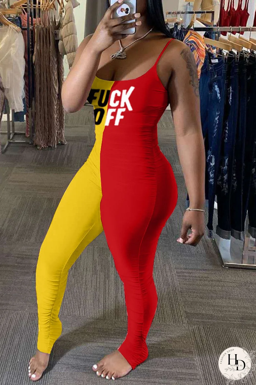 Yellow Purple Fashion Sexy Letter Print Split Joint Backless Fold O Neck Skinny Jumpsuits