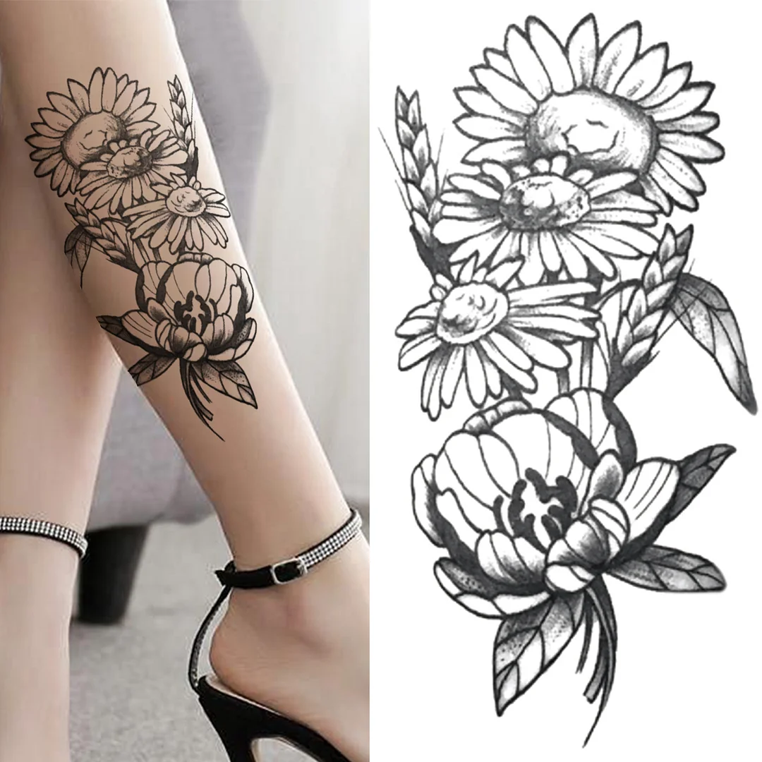 Sdrawing Flower Temporary Tattoos For Women Girls Black Lotus Arrow Arm Tattoo Sticker Fake Drearm Catcher Butterfly Tatoos Paste