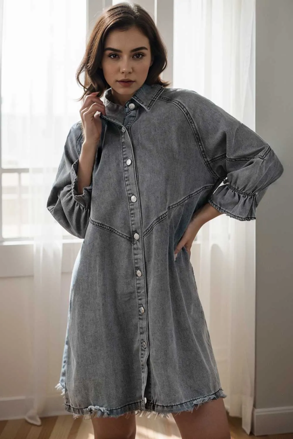 chic gray denim mini dress with button detail