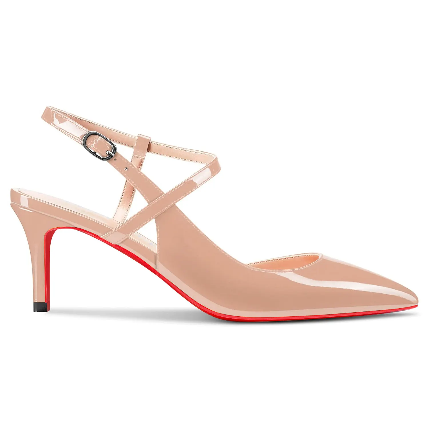 65mm Women Slingback Pumps Ankle Strap Jenlove Stiletto Mid Heel Close Pointed Toe Dress Red Bottoms Shoes-vocosishoes