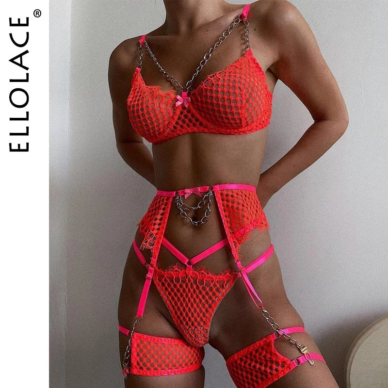 Ellolace Sensual Lingerie Lace Bra With Chain 4-Piece Transparent Underwear Set Girl Sex Bomb Costume Erotic Luxury Outfits