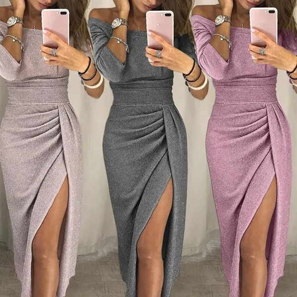 Women Off Shoulder Party dresses High Slit Bodycon Dress Long Sleeve Fashion Prom Dress Skirt
