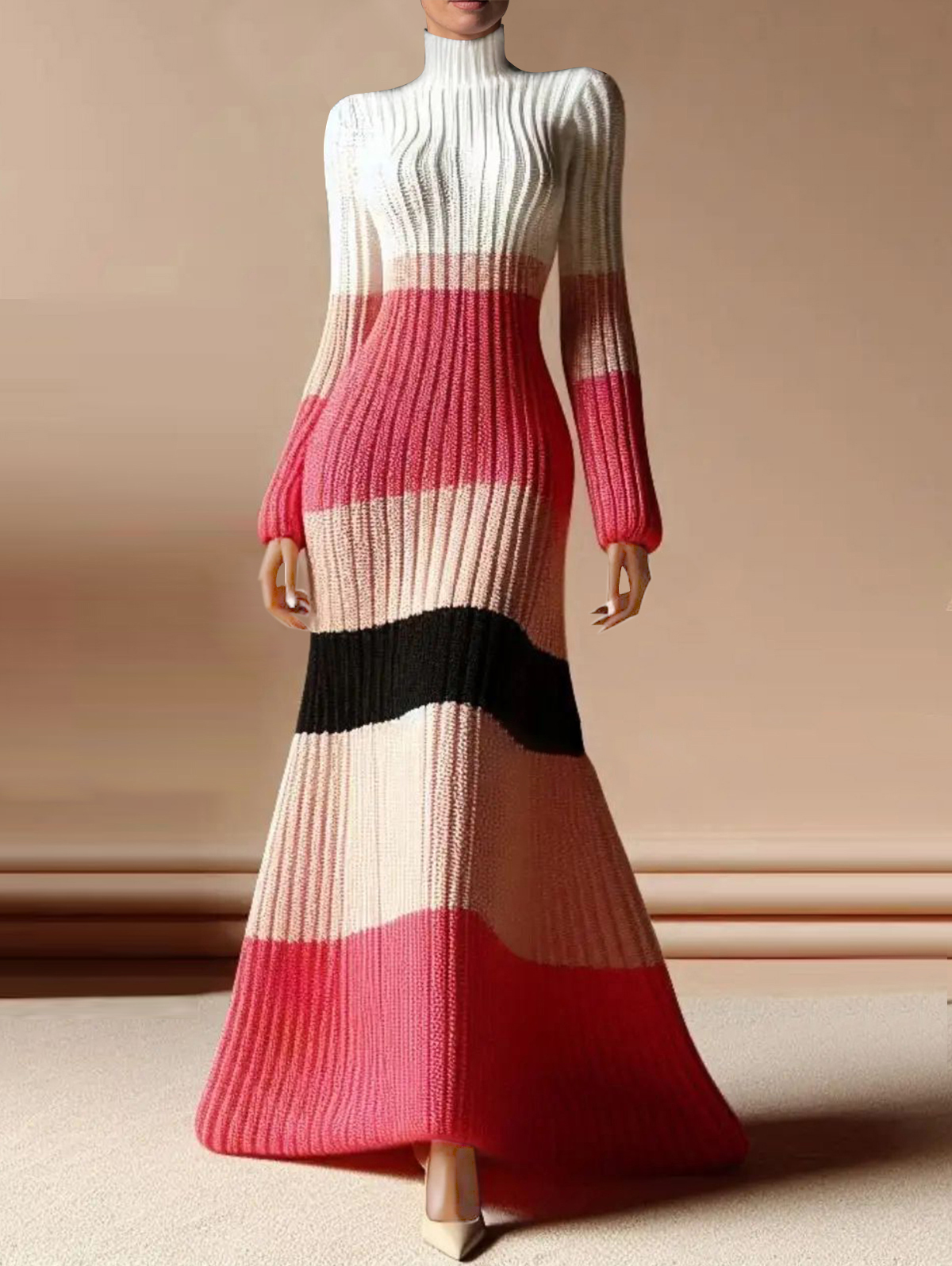 Ursime Color Blocks High Neck Long Sleeve Knitted Maxi Dress