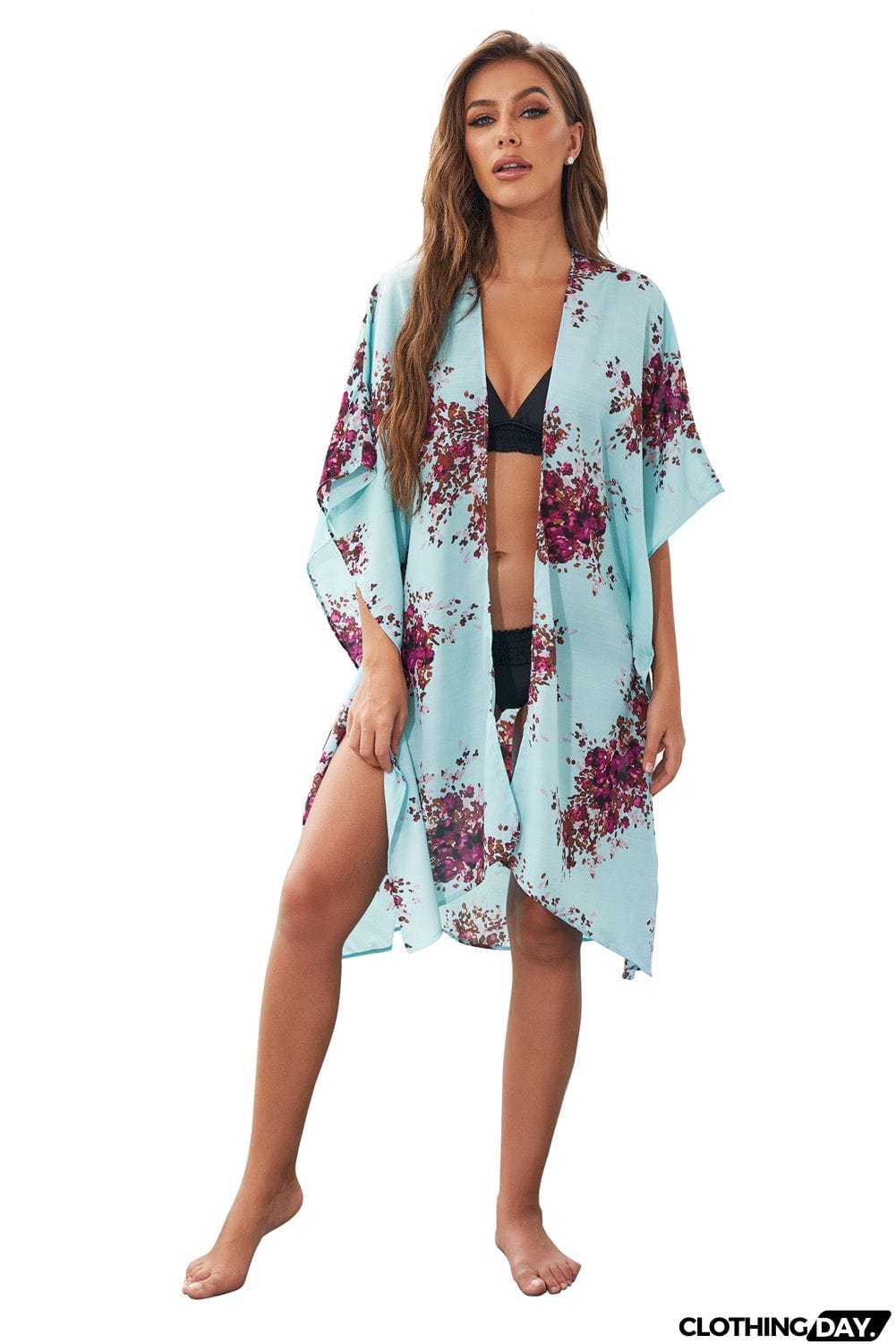 Floral Kimono Sleeves Chiffon Loose Beach Cover Up