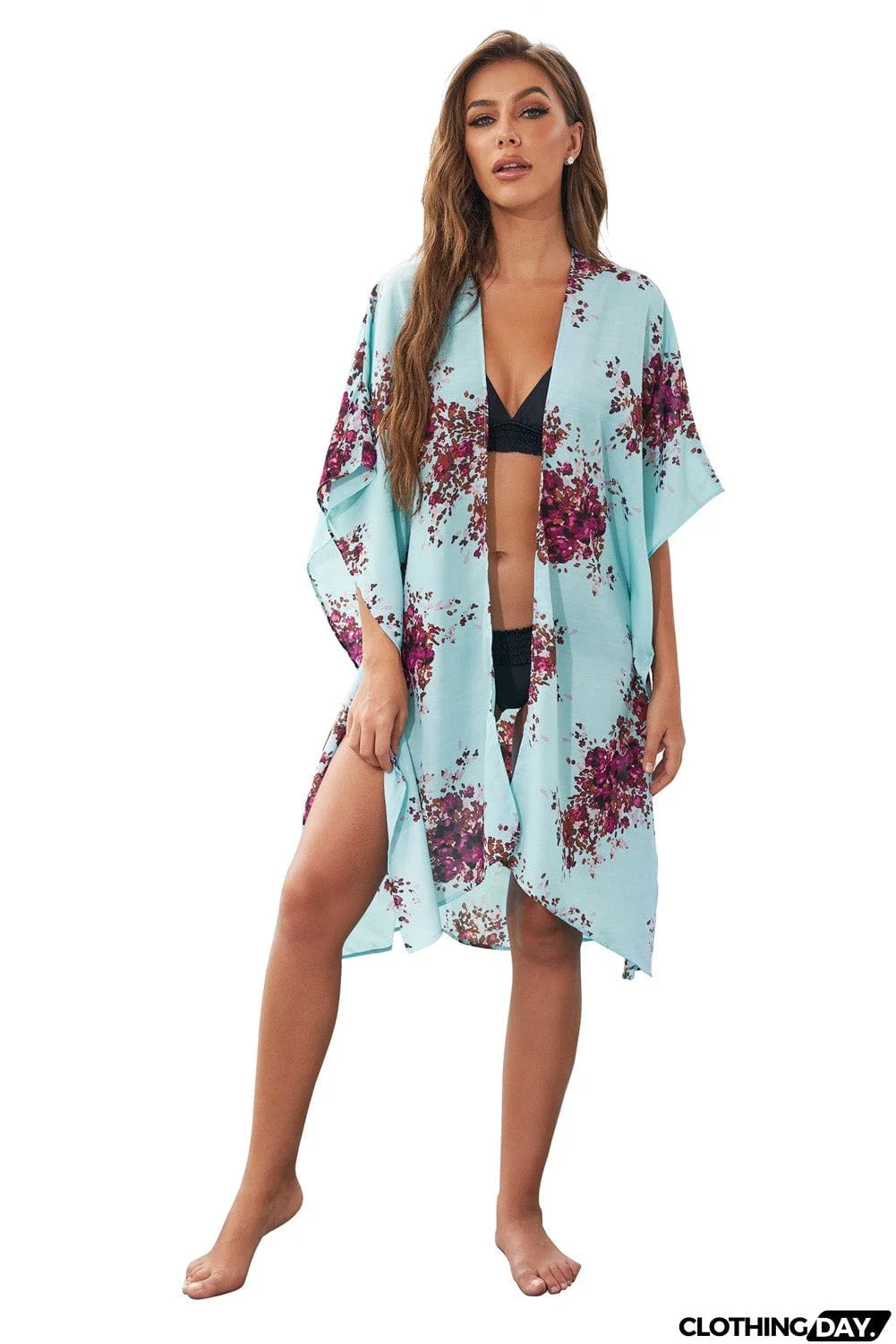 Floral Kimono Sleeves Chiffon Loose Beach Cover Up