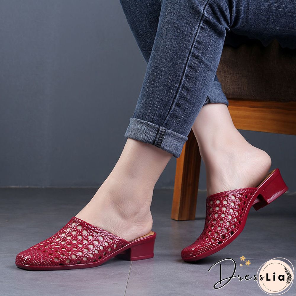 Beach Shoes Slippers,Soft Women Sandals,Hollow Out Summer Mid Heels,Korea Style Slides,Footwear,,,RED,Dropship