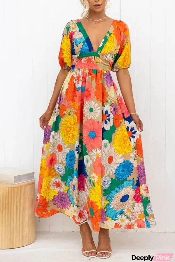 Floral Frenzy Printed Puff Sleeve Back Smocked Maxi Dress