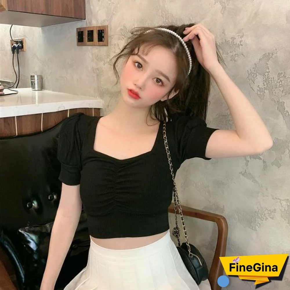 Summer T-Shirts Women Slim Puff Sleeve Temperament Sexy Crop Tops College Elastic Soft Leisure All-Match Kawaii Female Clothing