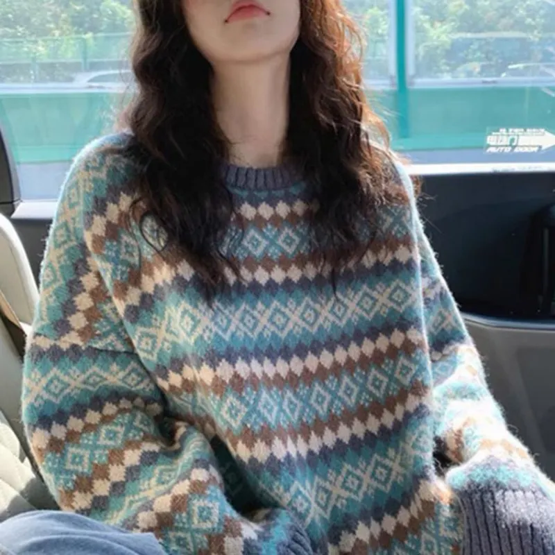 Churchf Churchf Jacquard Diamond Loose Sleeve Knit Sweater Female Student 2024 New Autumn And Winter Outside Wear Lazy Wind