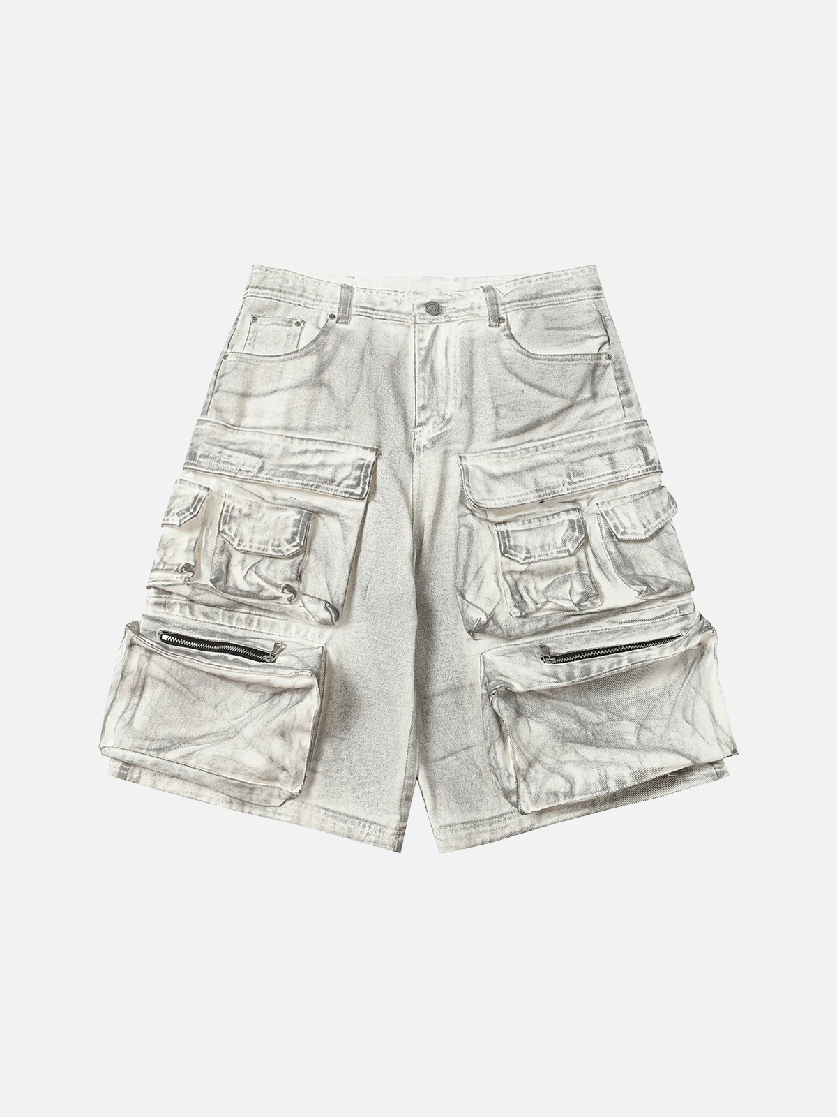 White Act Chic Washed Dirty-Dye Multi Pocket Jorts Front