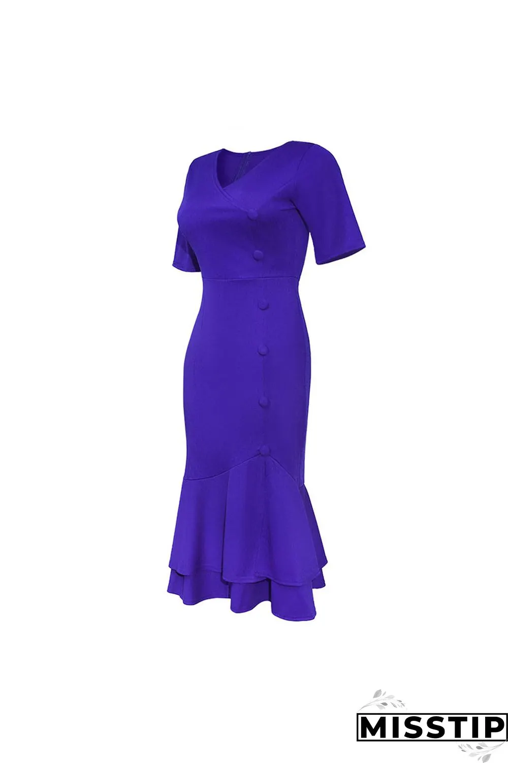 Dark Blue Fashion Slim V-neck Ruffled Dress