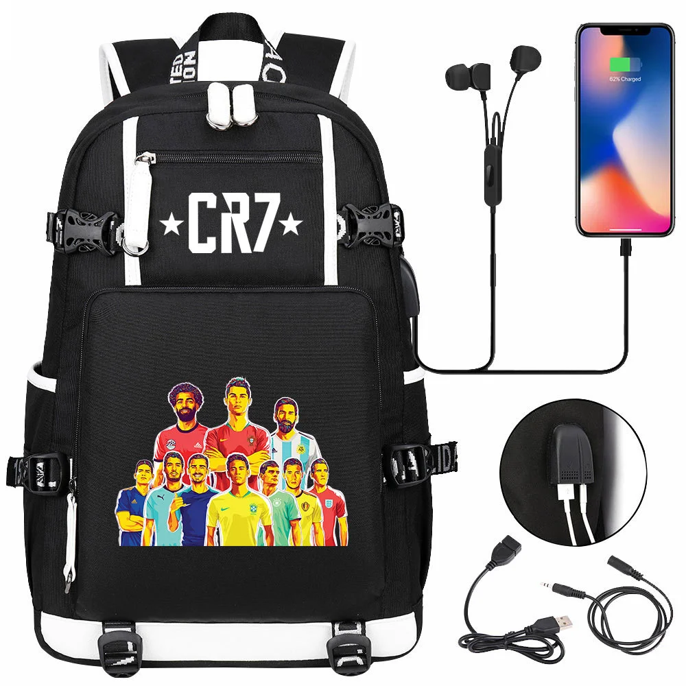 Showcase Your Soccer Spirit with the Cristiano Ronaldo Themed Backpack - USB Charging, 15-inch Laptop Storage & Double-Sided Pockets!