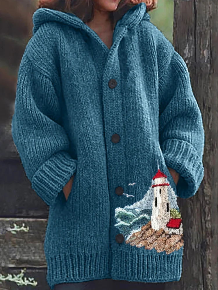 VChics Lighthouse Seascape Knit Cozy Hooded Cardigan