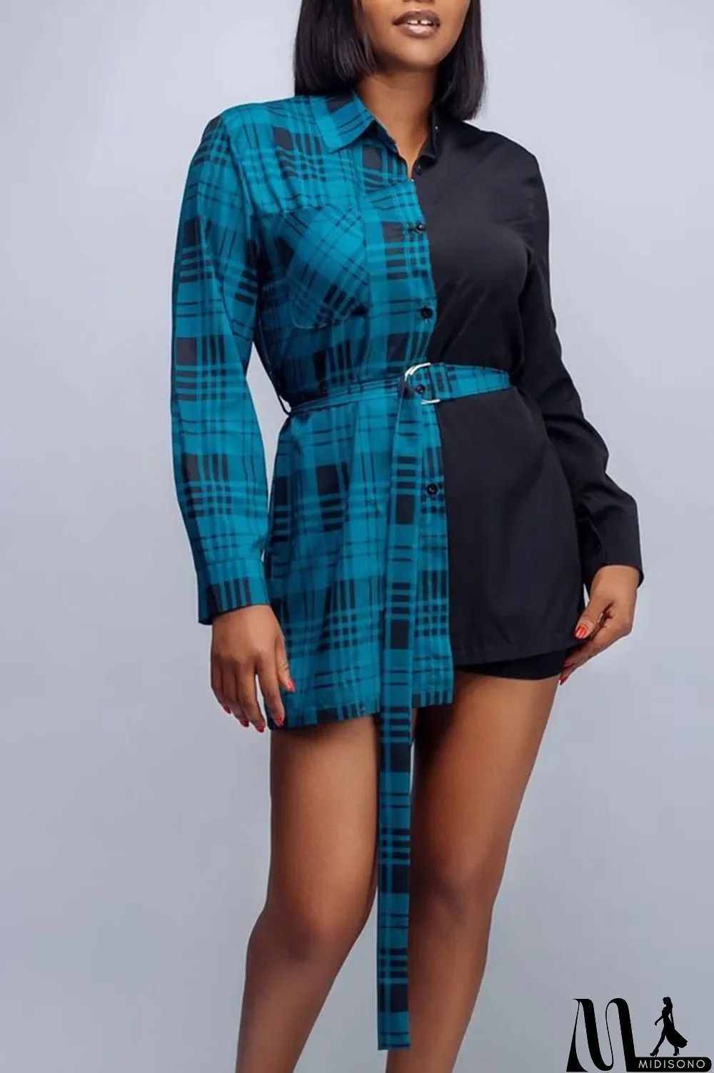 MidiSono - Yellow Casual Plaid Print Split Joint Buckle With Belt Turndown Collar Tops