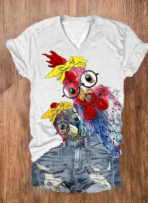 Women's Funny Rooster Print V-Neck T-Shirt